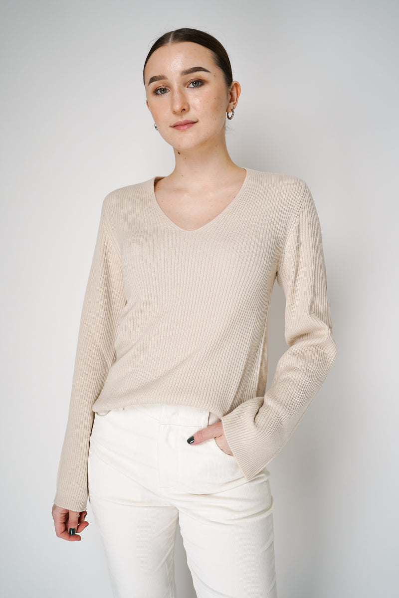 Lorena Antoniazzi Knit V-Neck Ribbed Pullover with Flared Sleeves in Beige Vancouver. Shop Online or in Store.