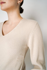 Lorena Antoniazzi Knit V-Neck Ribbed Pullover with Flared Sleeves in Beige Vancouver. Shop Online or in Store.