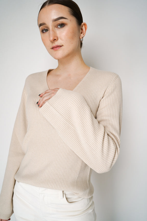 Lorena Antoniazzi Knit V-Neck Ribbed Pullover with Flared Sleeves in Beige