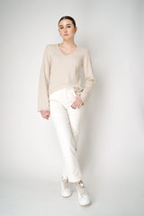 Lorena Antoniazzi Knit V-Neck Ribbed Pullover with Flared Sleeves in Beige Vancouver. Shop Online or in Store.