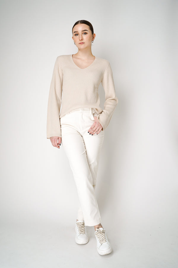 Lorena Antoniazzi Knit V-Neck Ribbed Pullover with Flared Sleeves in Beige