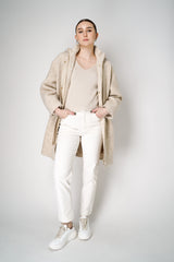 Lorena Antoniazzi Knit V-Neck Ribbed Pullover with Flared Sleeves in Beige Vancouver. Shop Online or in Store.