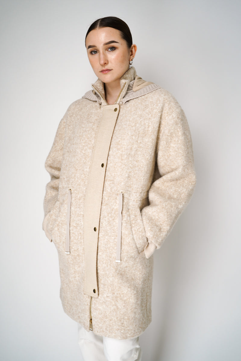 Lorena Antoniazzi Alpaca Wool Coat with Detachable Hood in Beige Melange Vancouver. Shop Online or in Store.