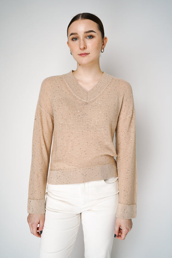 Lorena Antoniazzi Sequined Knitted Pullover in Camel Gold