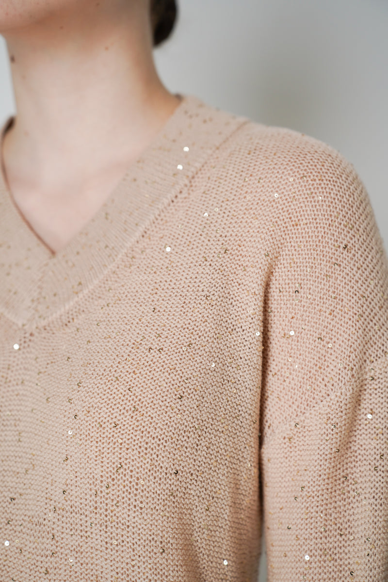 Lorena Antoniazzi Sequined Knitted Pullover in Camel Gold Vancouver. Shop Online or in Store.