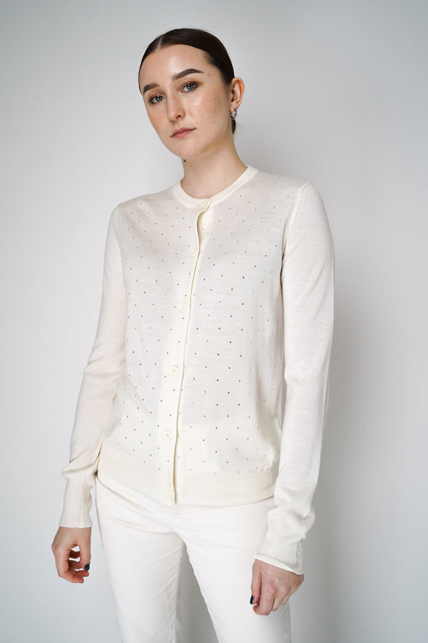 Fabiana Filippi Merino Wool Knitted Cardigan with Rhinestone Details in Off-White