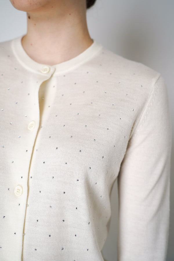 Fabiana Filippi Merino Wool Knitted Cardigan with Rhinestone Details in Off-White