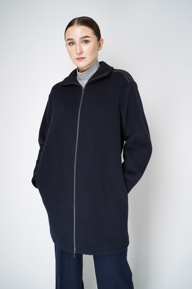 Peserico Cashmere and Wool Coat with Knitted Collar in Navy Vancouver. Shop Online or in Store.