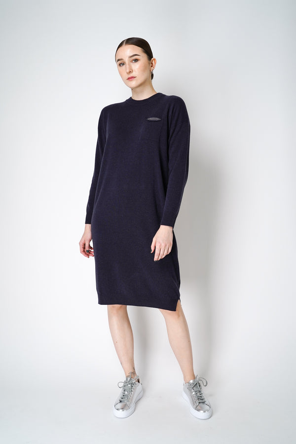 Peserico Cashmere Blend Long Sleeve Knitted Midi Dress in Navy