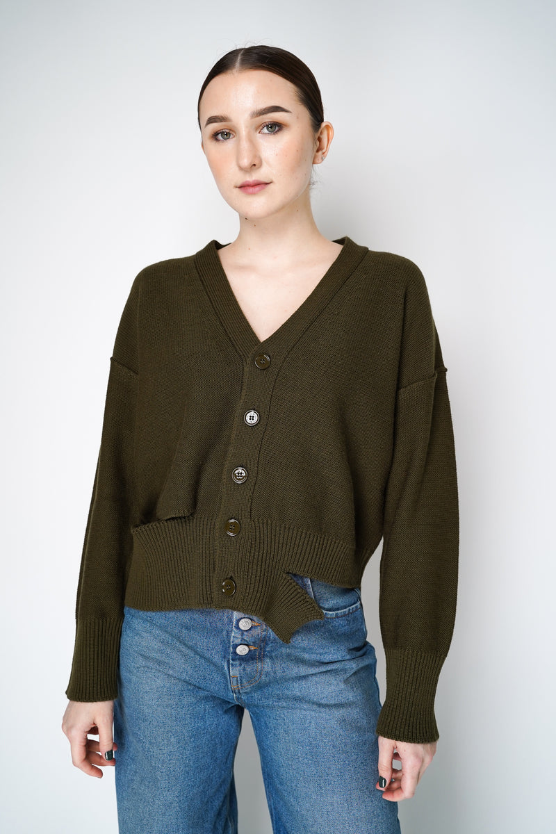 MM6 Distressed Slouchy V-Neck Cardigan in Khaki Vancouver. Shop Online or in Store.