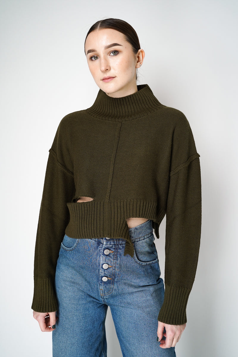 MM6 Distressed Cropped Funnel Neck Sweater in Khaki Vancouver. Shop Online or in Store. 