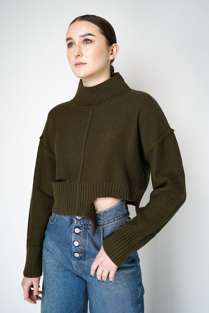 MM6 Distressed Cropped Funnel Neck Sweater in Khaki Vancouver. Shop Online or in Store. 