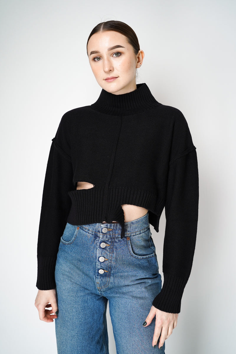 MM6 Distressed Cropped Funnel Neck Sweater in Black Vancouver. Shop Online or in Store.