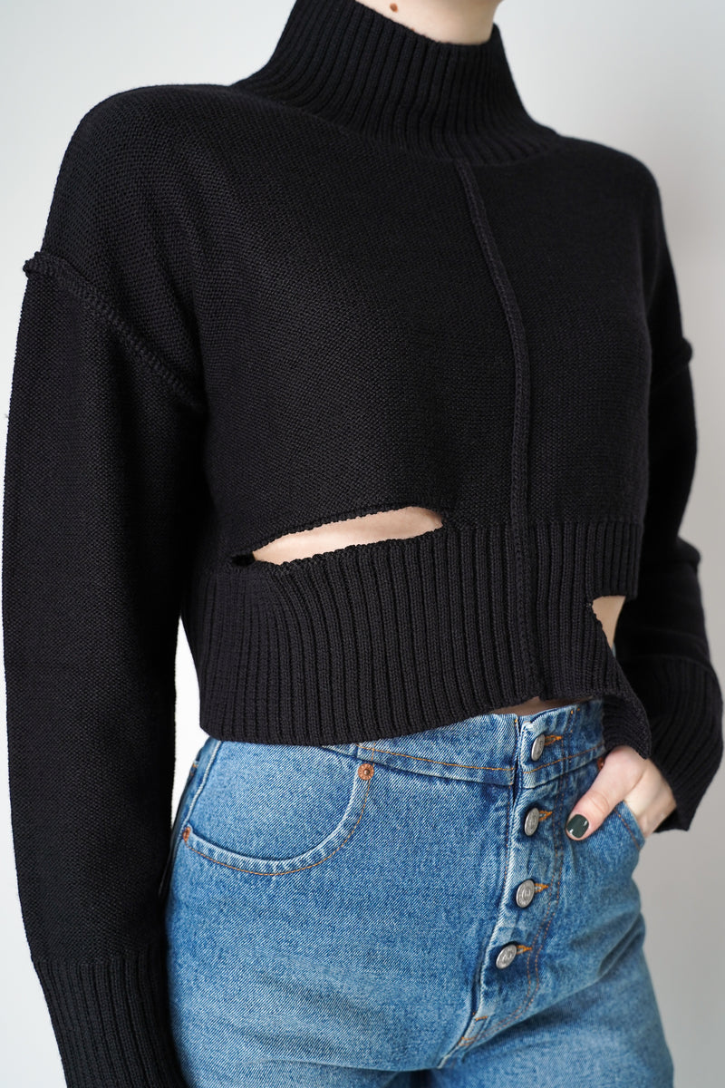 MM6 Distressed Cropped Funnel Neck Sweater in Black Vancouver. Shop Online or in Store.