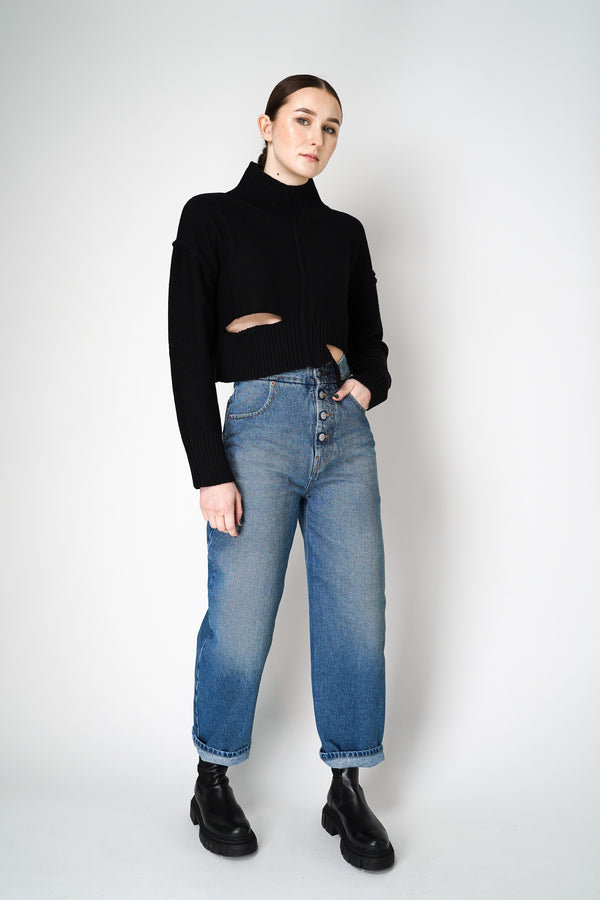 MM6 Distressed Cropped Funnel Neck Sweater in Black