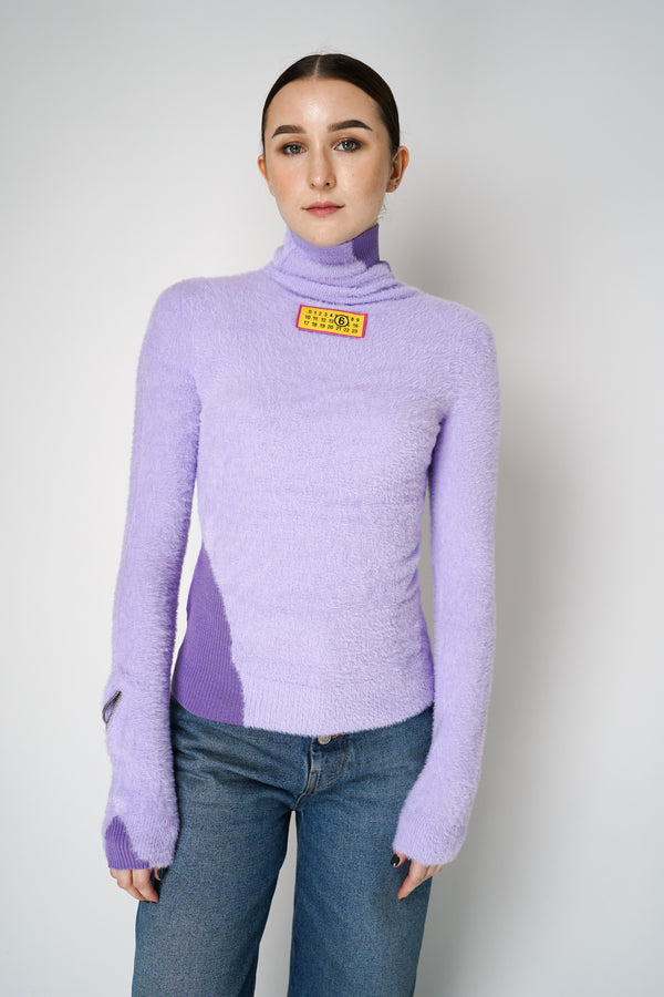 MM6 Soft Fuzzy Turtleneck Pullover with Knitted Patches in Purple