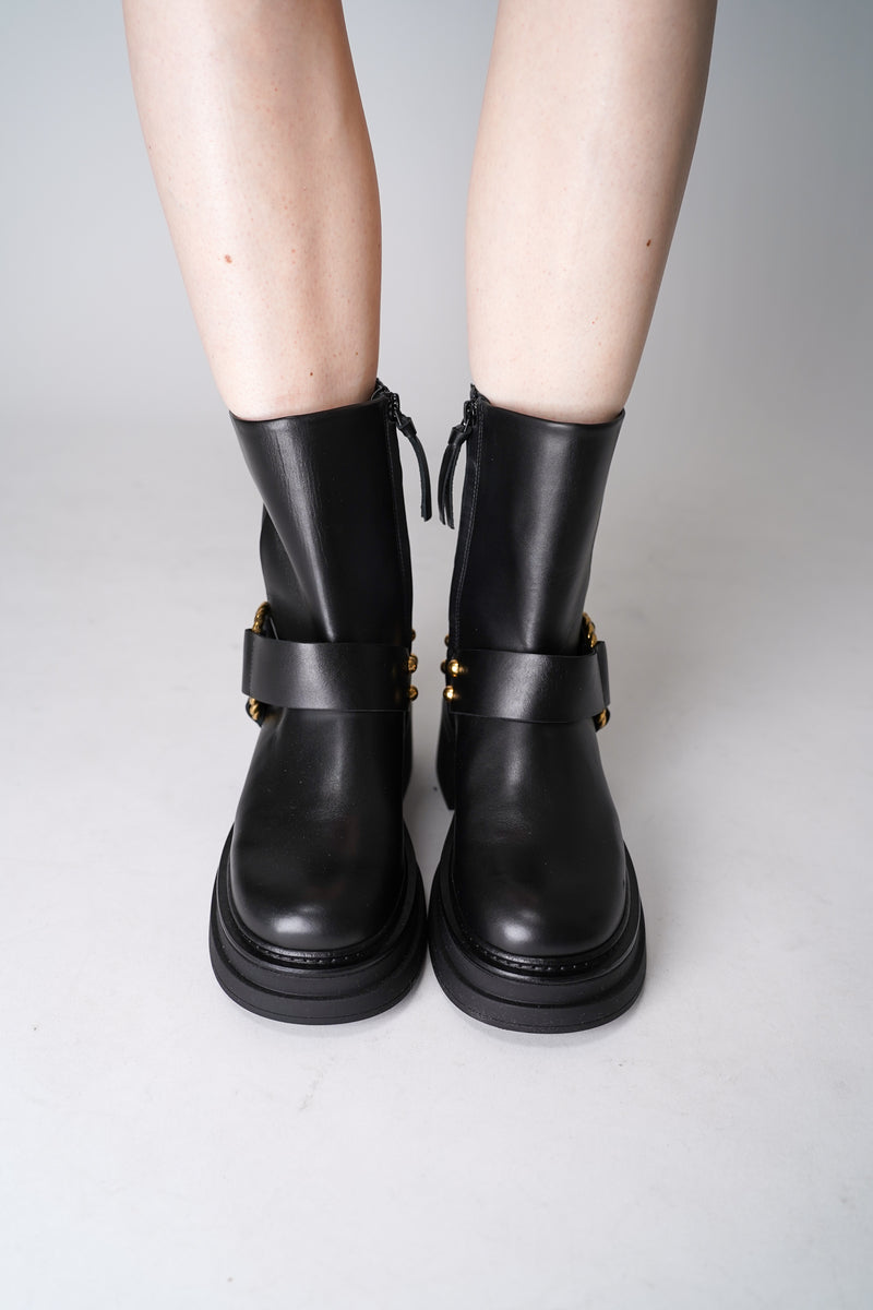 Dorothee Schumacher Short Biker Boots with Twisted D-ring Detail in Black Vancouver. Shop Online or in Store.