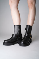 Dorothee Schumacher Short Biker Boots with Twisted D-ring Detail in Black Vancouver. Shop Online or in Store.