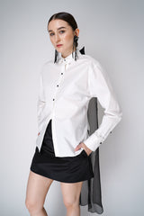 Dorothee Schumacher White Cotton Poplin Button-up Blouse with Tulle Flyaway Scarf Vancouver. Shop Online or in Store.