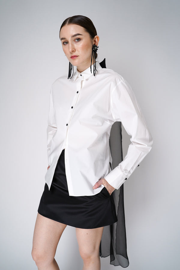 Dorothee Schumacher White Cotton Poplin Button-up Blouse with Tulle Flyaway Scarf
