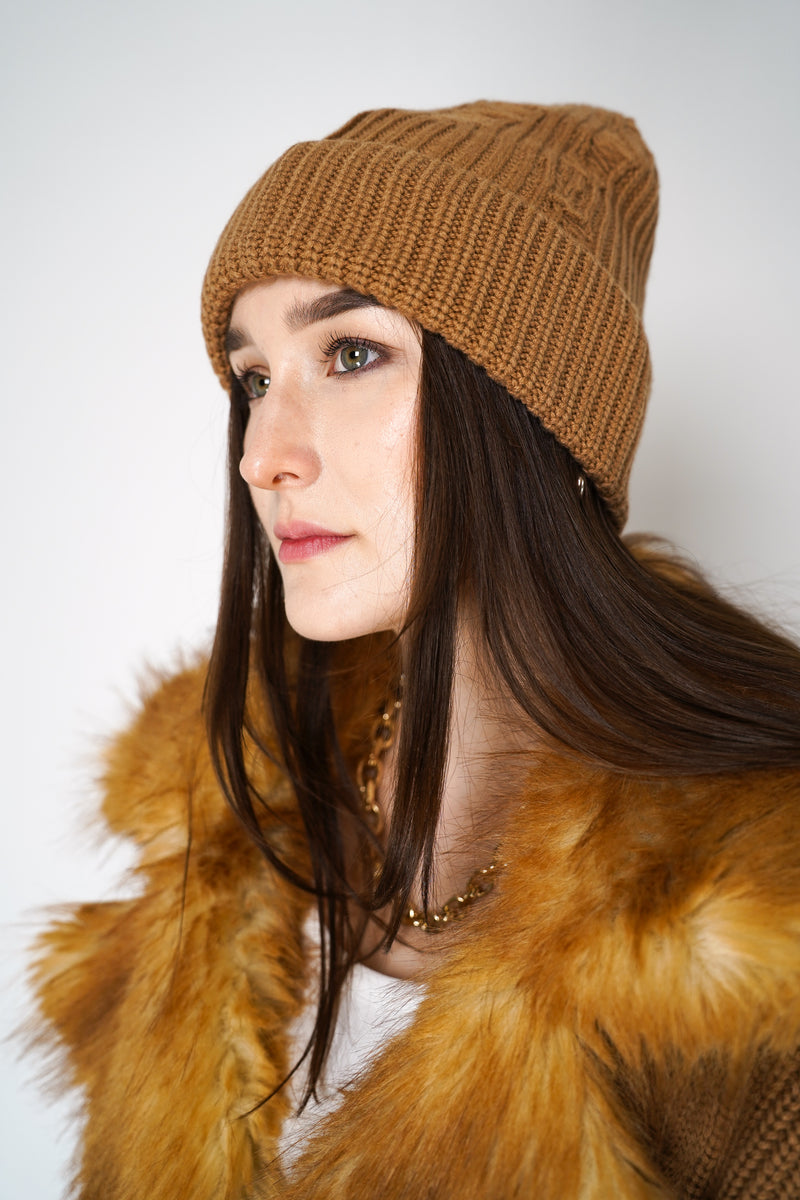 Dorothee Schumacher Cashmere Blend Knitted Toque in Camel Vancouver. Shop Online or in Store. 