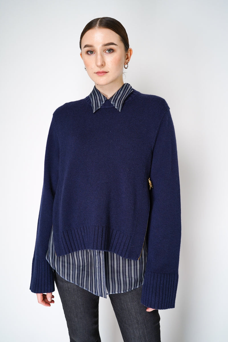 Dorothee Schumacher Cashmere Blend Knitted Pullover with Decorative Zipper Details in Navy Vancouver. Shop Online or in Store.