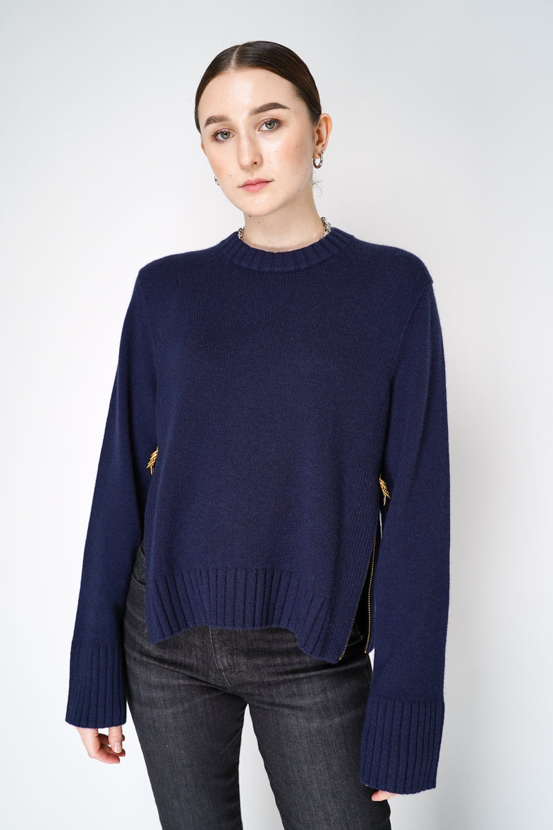 Dorothee Schumacher Cashmere Blend Knitted Pullover with Decorative Zipper Details in Navy Vancouver. Shop Online or in Store.