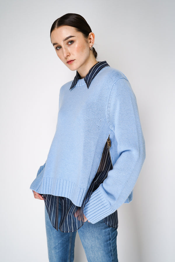 Dorothee Schumacher Cashmere Blend Knitted Pullover with Decorative Zipper Details in Blue Bell