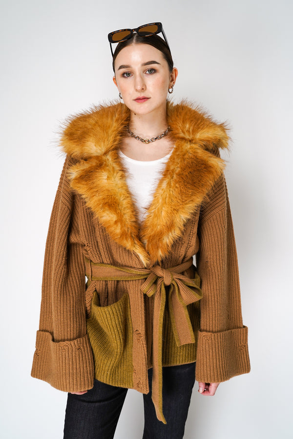 Dorothee Schumacher Cashmere Blend Knitted Cardigan with Fur Lapels in Camel Mix