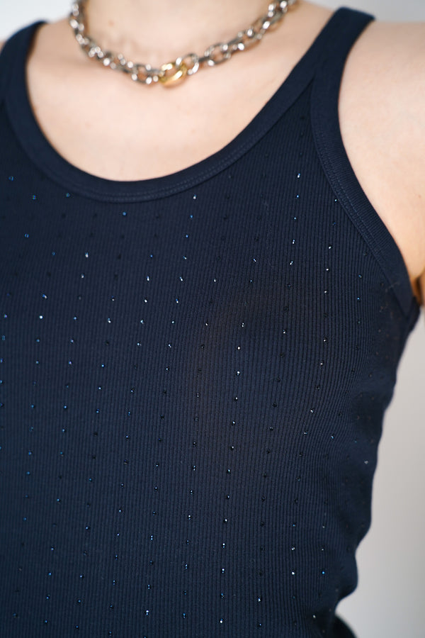 Dorothee Schumacher Ribbed Cotton Tank Top with Rhinestone Details in Navy