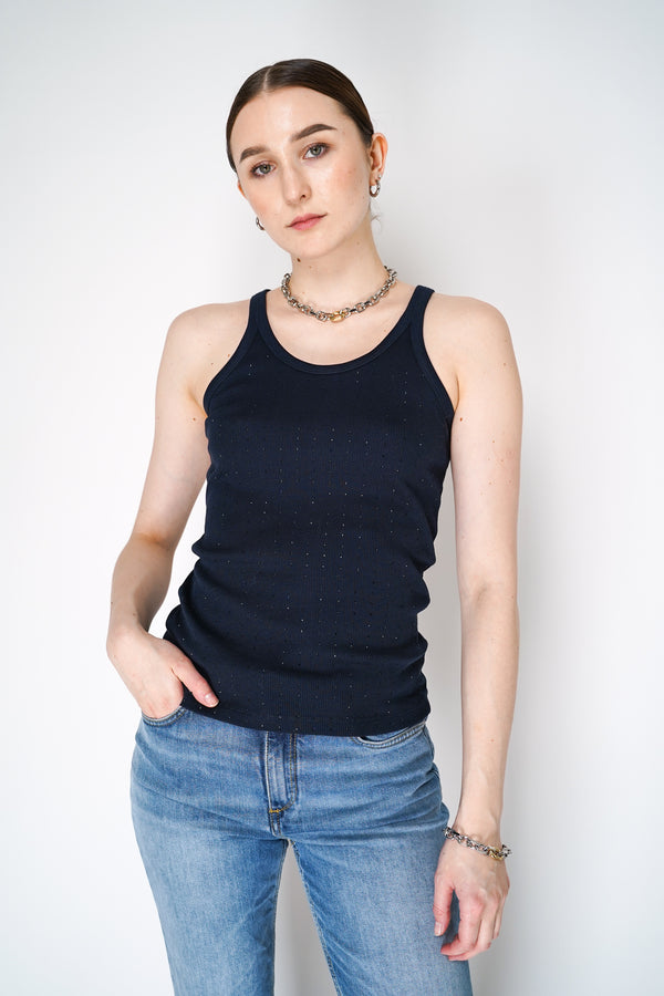 Dorothee Schumacher Ribbed Cotton Tank Top with Rhinestone Details in Navy
