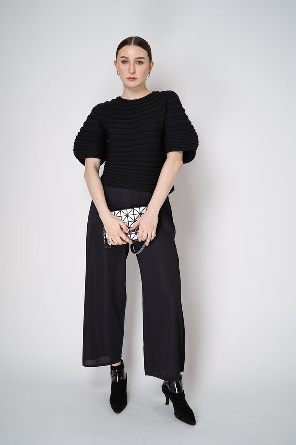 Pleats Please Issey Miyake Mushroom Knit Ribbed Top in Black Vancouver. Shop Online or in Store. 