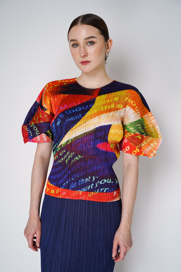 Pleats Please Issey Miyake Voyager Top with Balloon Sleeves in Multicolour Print Vancouver. Shop Online or in Store. 