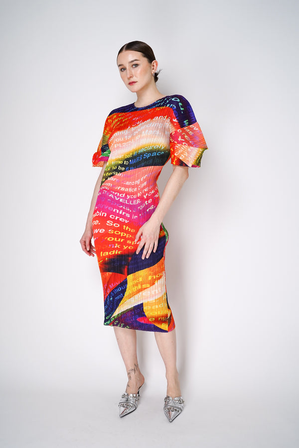 Pleats Please Issey Miyake Voyager Dress in Multicolour Print