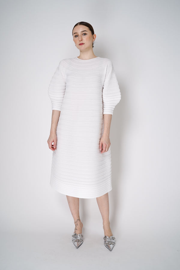 Pleats Please Issey Miyake Mushroom Knit Ribbed Dress in White