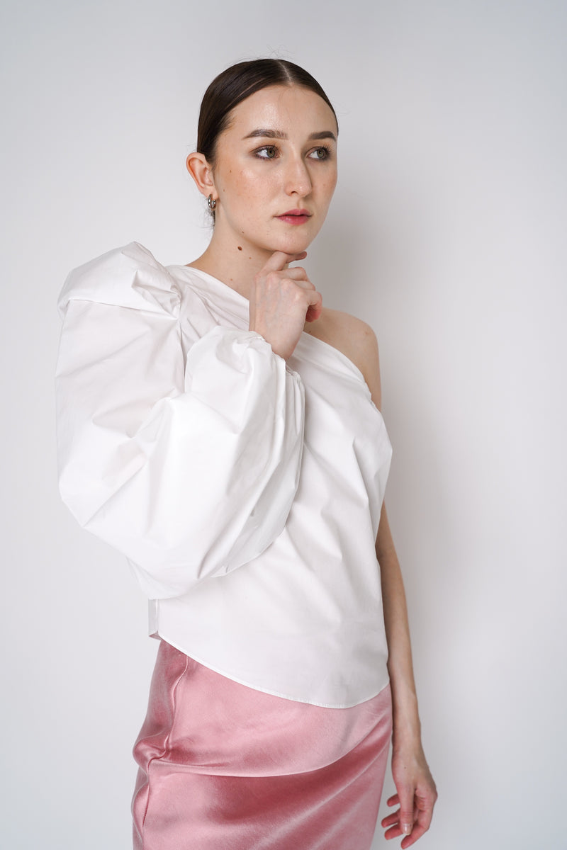 Dorothee Schumacher Asymmetric Cotton-Poplin Top with Voluminous Long Sleeve in White