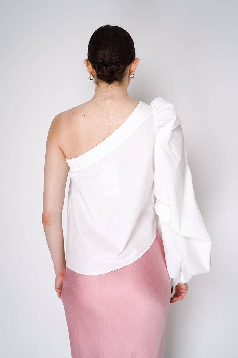 Dorothee Schumacher Asymmetric Cotton-Poplin Top with Voluminous Long Sleeve in White