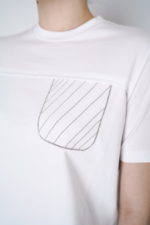 Peserico Cotton T-shirt with Brilliant Beaded Pocket in White