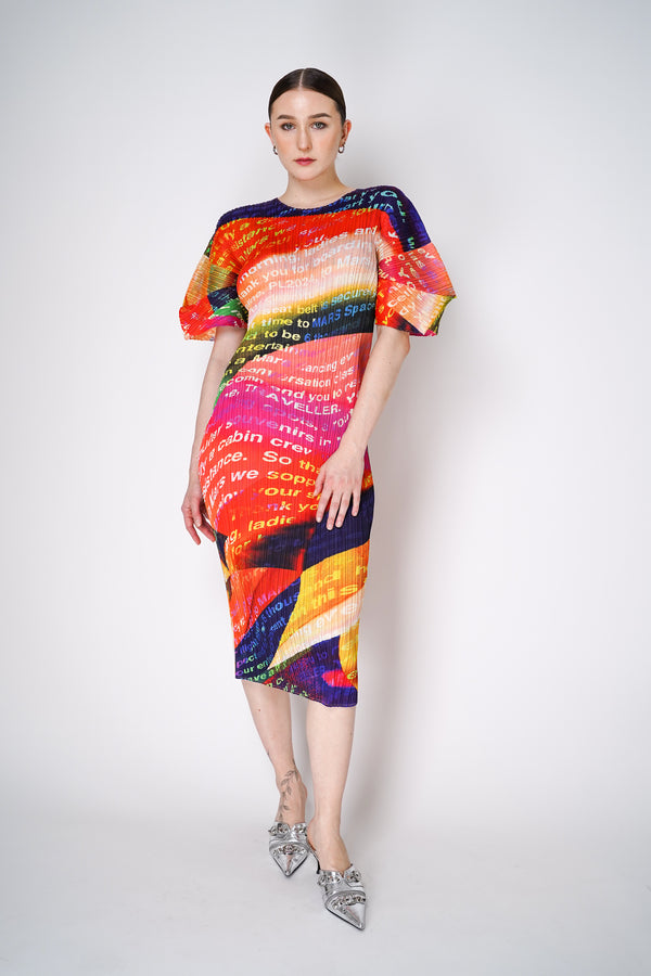 Pleats Please Issey Miyake Voyager Dress in Multicolour Print