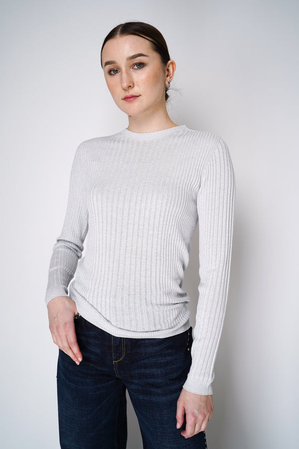 Peserico Knitted Rib Long Sleeve Viscose Top with Lurex Details in Silver