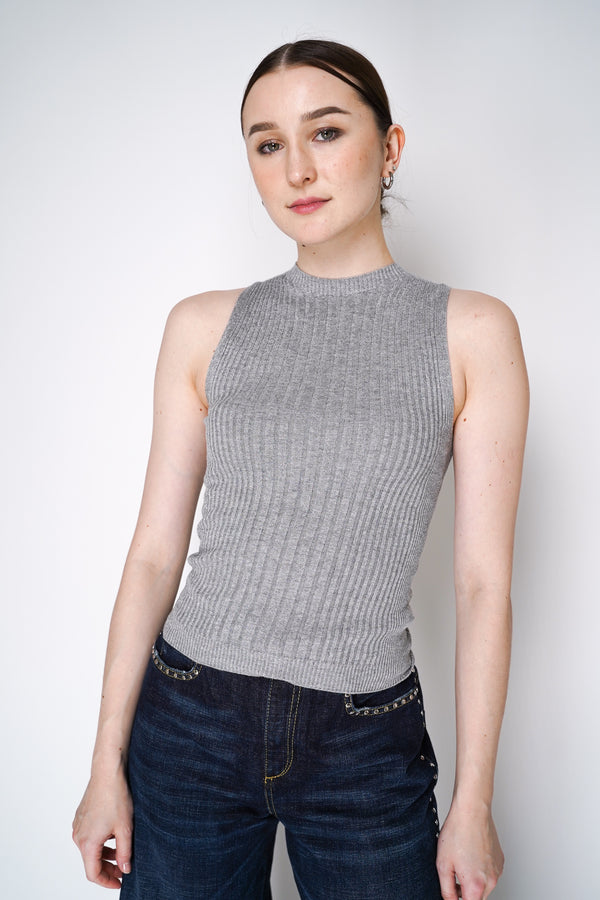 Peserico Knitted Rib Stretch Viscose Sleeveless Top with Lurex Details in Grey