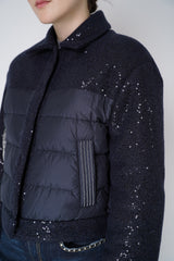 Peserico Cropped Puffer Coat with Sequins in Navy