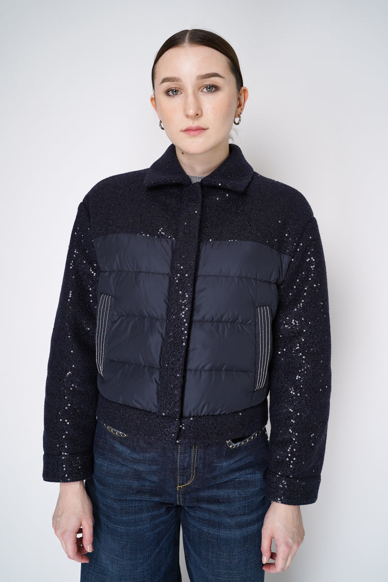 Peserico Cropped Puffer Coat with Sequins in Navy