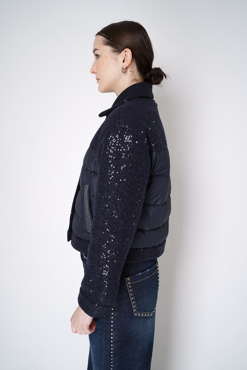 Peserico Cropped Puffer Coat with Sequins in Navy