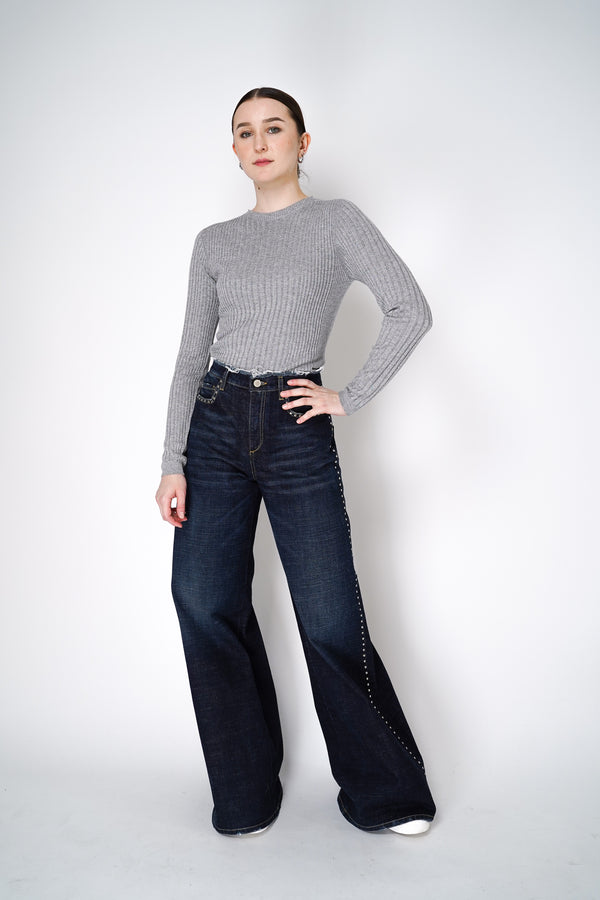 Peserico Knitted Rib Long Sleeve Viscose Top with Lurex Details in Grey