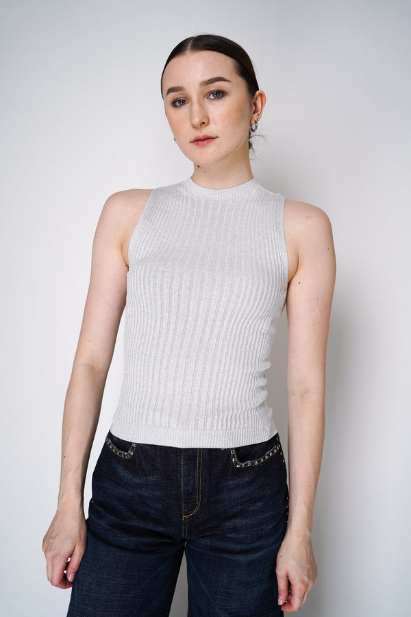 Peserico Knitted Rib Stretch Viscose Sleeveless Top with Lurex Details in Silver