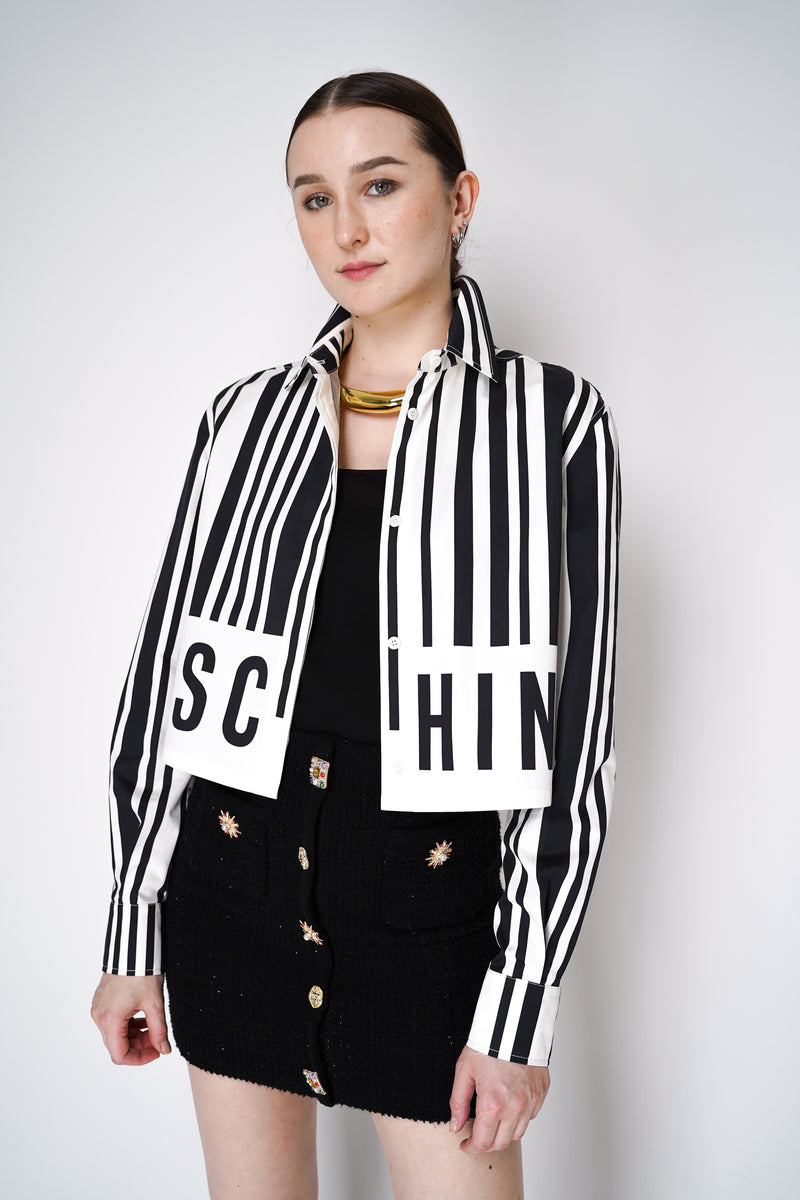 Moschino Cropped Button up Shirt in White and Black Barcode Print