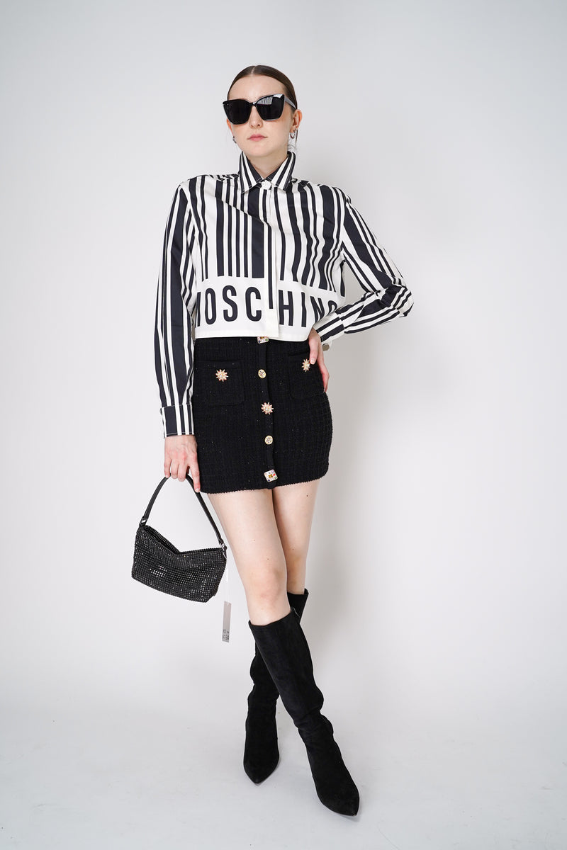 Moschino Cropped Button up Shirt in White and Black Barcode Print