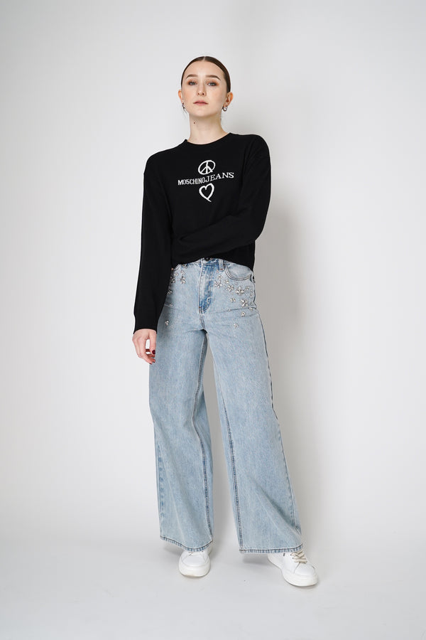 Moschino Jeans Knitted Peace Sign Virgin Wool Pullover Sweater in Black