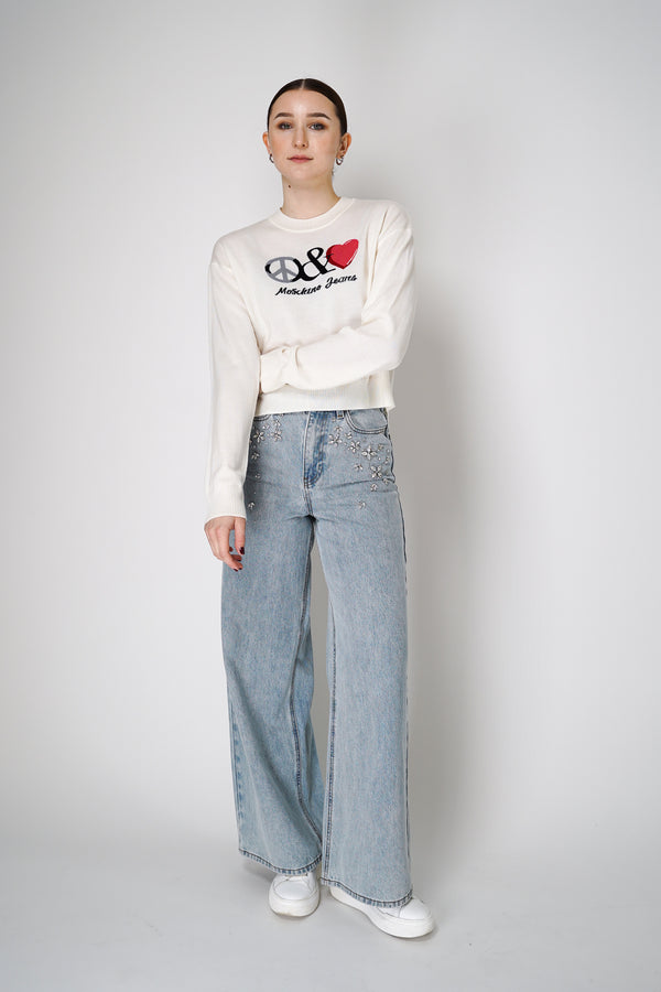 Moschino Jeans Peace-and-Love Knitted Virgin Wool Pullover Sweater in White